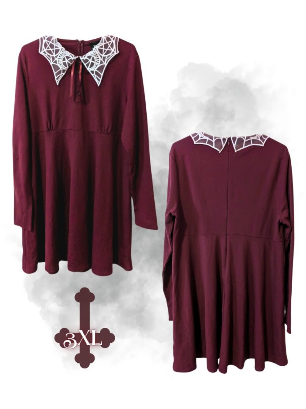 Killstar Witchy Goth Spiderweb Collar Burgundy Skater Dress Plus Size 3XL NWOT